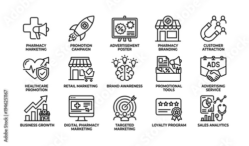 Pharmacy marketing and branding icons for business growth and customer attraction
