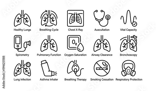 Respiratory health icons: lung function, breathing techniques, and medical tools
