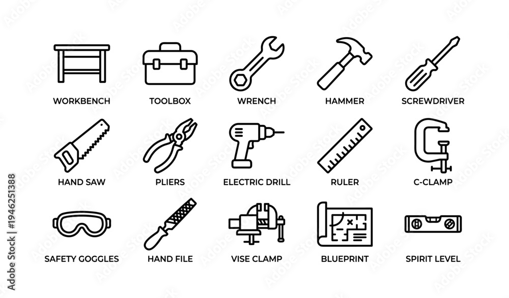 Fototapeta premium Collection of essential hand tools icons for workshop and construction