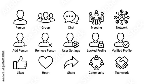 Business and social communication icons: network, meeting, settings, community, teamwork