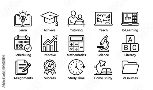 Icons representing education concepts: tutoring, mathematics, e-learning, science, literacy