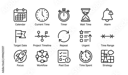 Collection of time management icons including calendar, timer, alarm, and workflow symbols