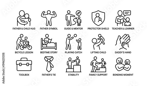 Fatherhood symbols: parenting and family icons with children activities illustrated