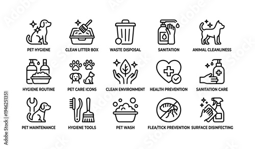 Pet hygiene icons: sanitation, cleanliness, waste disposal, health, prevention