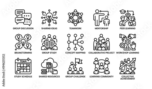 Collaborative learning icons set: group discussion, teamwork, mentorship, peer learning