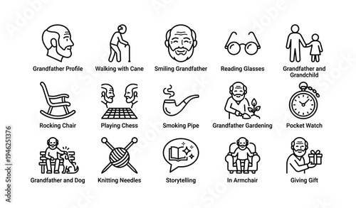 Elderly caucasian male icons: grandfather activities and pastimes