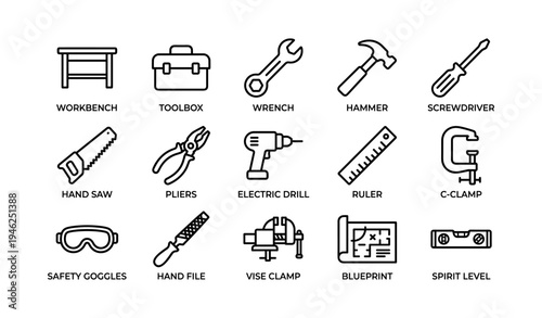 Collection of essential hand tools icons for workshop and construction