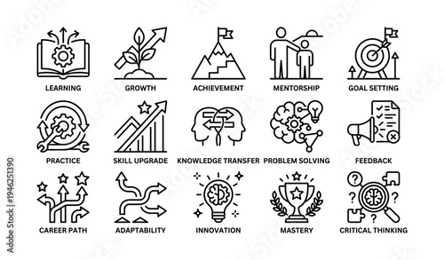 Education and personal development icons illustrating growth, achievement, and learning