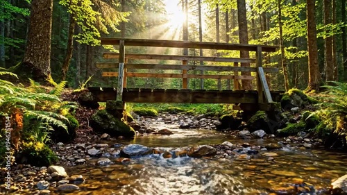 Wallpaper Mural Wooden bridge over a flowing creek in a lush forest with sunshine and natural beauty scenery Torontodigital.ca