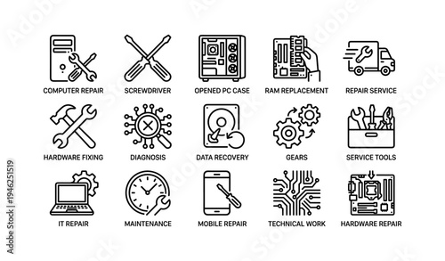 Computer repair tools and services icons for it maintenance and hardware fixing
