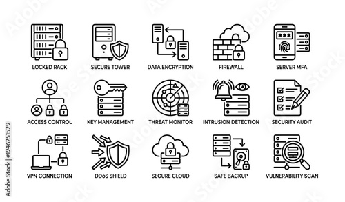 Icons of cybersecurity: encryption, firewall, threat detection, secure cloud, ddos shield