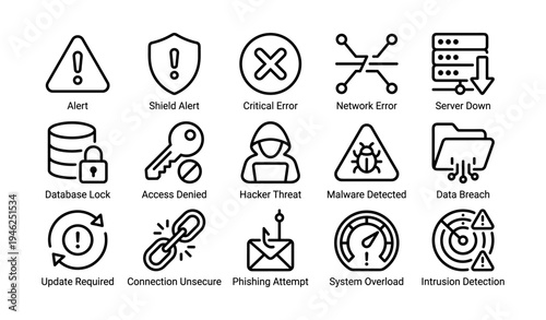 Cyber security alert icons: error, threats, detection, breach, network, malware