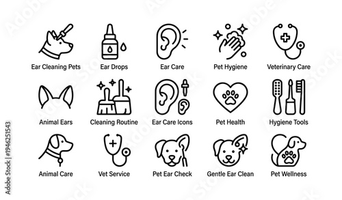 Pet hygiene and care icons for animals and ear health