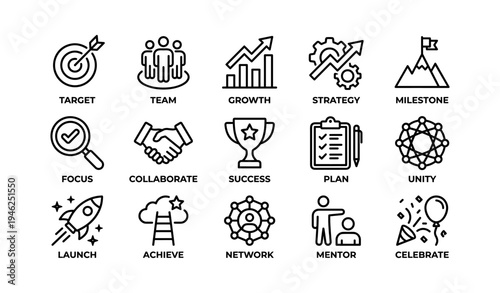 Business strategy icons collection featuring growth, success, and teamwork concepts