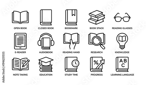 Education and learning icons: books, audiobooks, e-readers, and study tools
