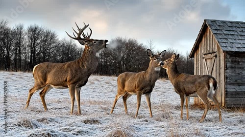 Wallpaper Mural Majestic buck vocalizes near two does in a serene snowy field next to rustic shed, nature wildlife scene Torontodigital.ca