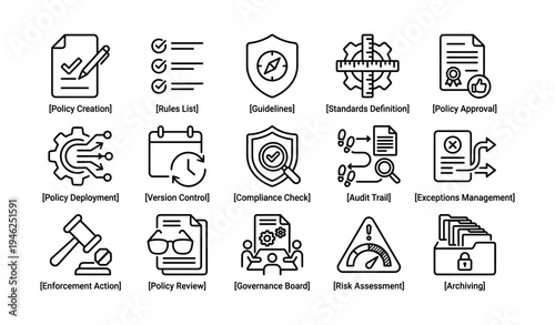 Policy management icons set: standards, compliance, risk assessment, governance tools