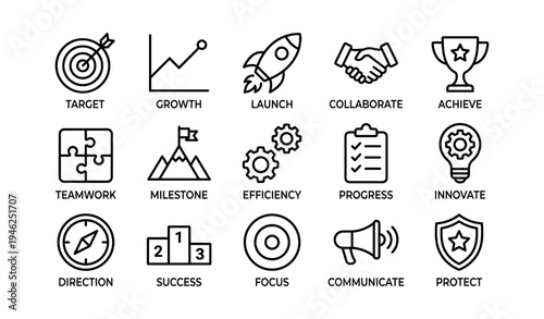 Business success icons: target, growth, launch, collaboration, achieve