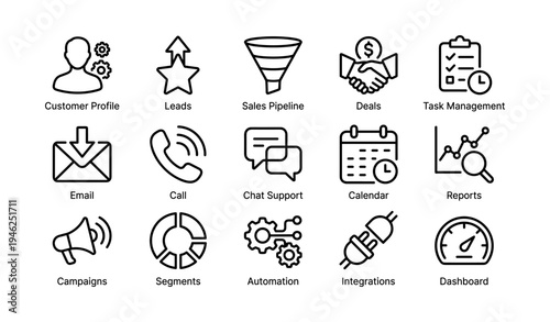 Business icons: customer profile, sales pipeline, email, chat support, dashboard