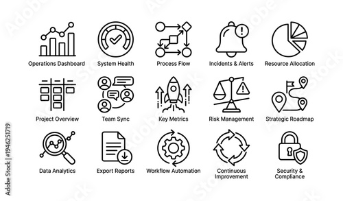 Business icons for operations dashboard and process flow management