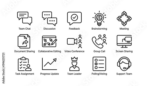 Icons representing team communication and collaboration in workplace settings