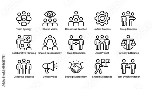 Teamwork icons: synergy, vision, planning, and collaboration symbols