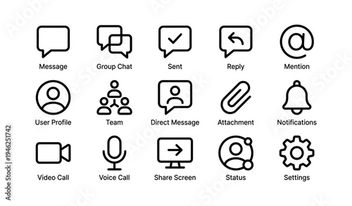 Communication and settings icon set including message, group chat, and notifications