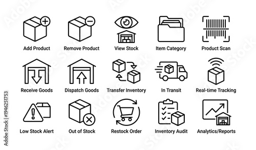 Warehouse management icons: inventory, tracking, restock, audit, analytics