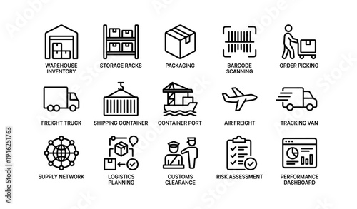 Warehouse logistics icons: inventory, shipping, barcode scanning, freight, tracking