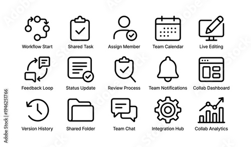 Workflow management icons: task, calendar, editing, notifications, analytics