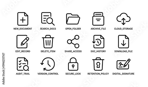 Document management icons: efficiency and organization tools set