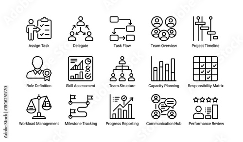 Team management icons: task flow, skill assessment, communication hub, performance review