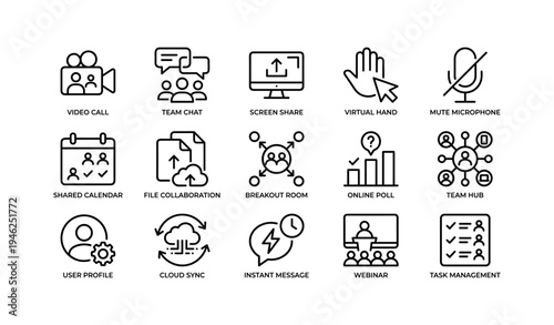 Digital communication icons: video call, team chat, screen share, mute microphone