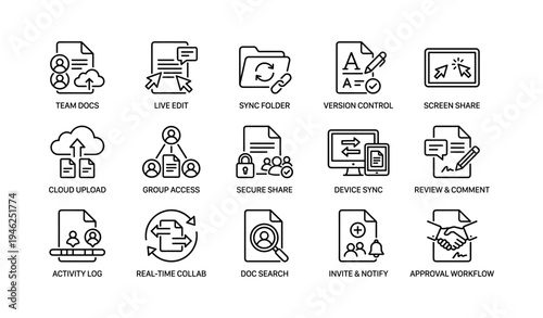 Business collaboration icons: communication, document management, workflow