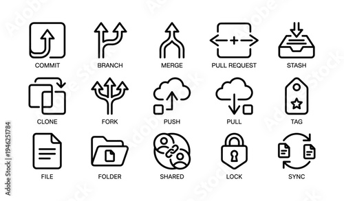 Version control icons: git actions and repository management symbols