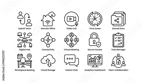 Hybrid team collaboration icons for remote office and virtual meetings