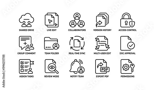 Collaborative workspace icons set: cloud, sync, access, security, pdf
