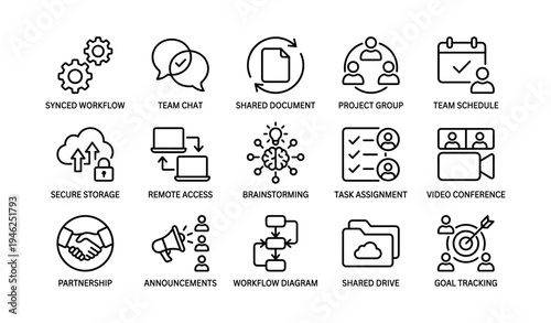 Collaborative workflow icons: streamlining team communication and document sharing
