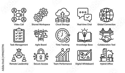 Icons for video call, cloud storage, global connection, task management, remote leadership