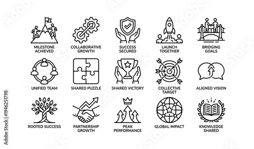 Icons representing teamwork, success, and growth in collaboration and achievement