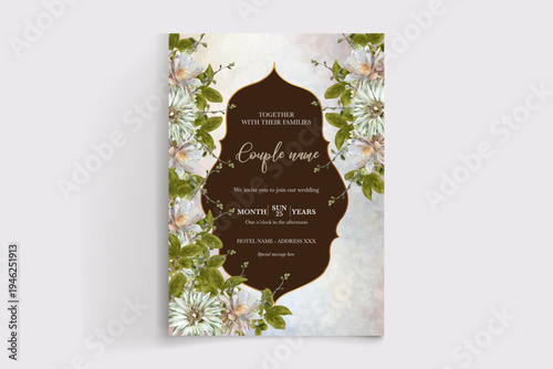 WEDDING INVITATION FRAME WITH FLOWER DECORATIONS AND FRESH LEAVES