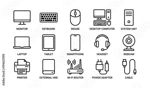 Icon set of computer and technology devices including monitor, keyboard, mouse, and more