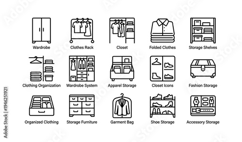 Clothing and storage icons for organization and wardrobe management