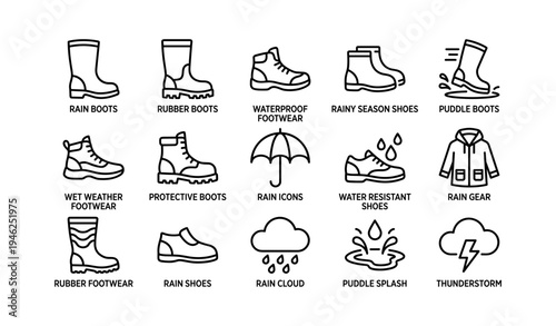 Icons of rain boots, weather gear, and wet weather footwear for rainy days