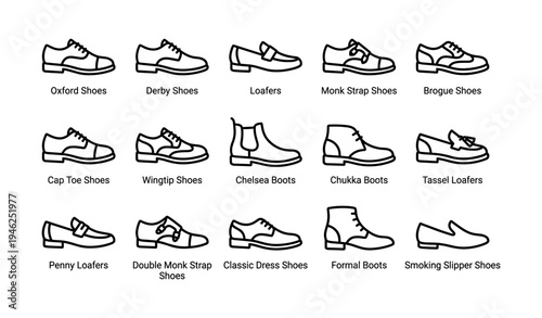 Variety of classic men's shoe styles: oxford, derby, loafers, brogue, boots