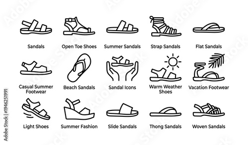 Collection of various summer sandals and casual footwear icons