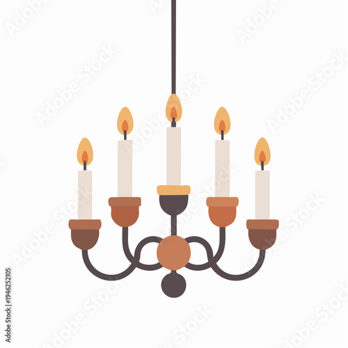 Illustration of a rustic six-arm chandelier with lit candles