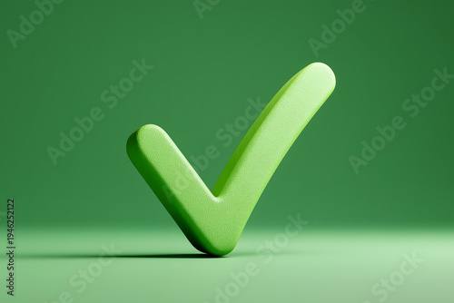 A 3d green check mark icon symbol on a green screen represents a successful choice, positive agreement, and an approved correct checklist tick for a done checkbox
