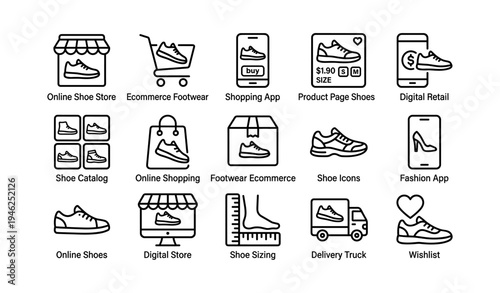 Online shoe store icons: e-commerce, shopping apps, footwear, digital retail, shoes