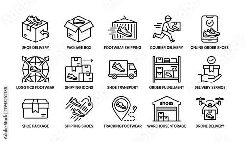 Shoe delivery icons: shipping, courier, online orders, tracking, logistics